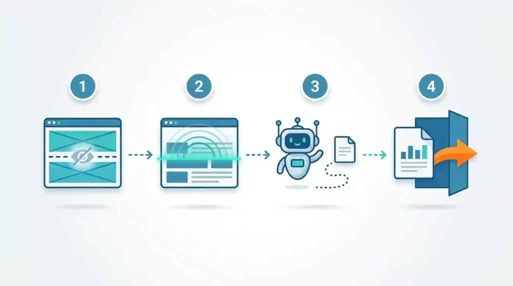 Four steps of an AI browser attack: plant, read, obey and leak data