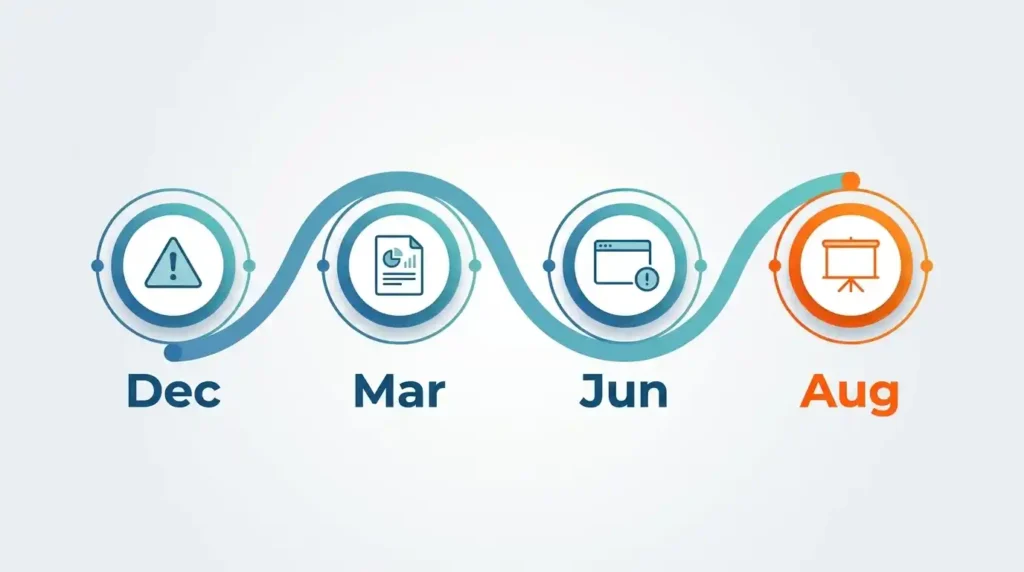 Timeline of AI browser security incidents from December 2025 to August 2026