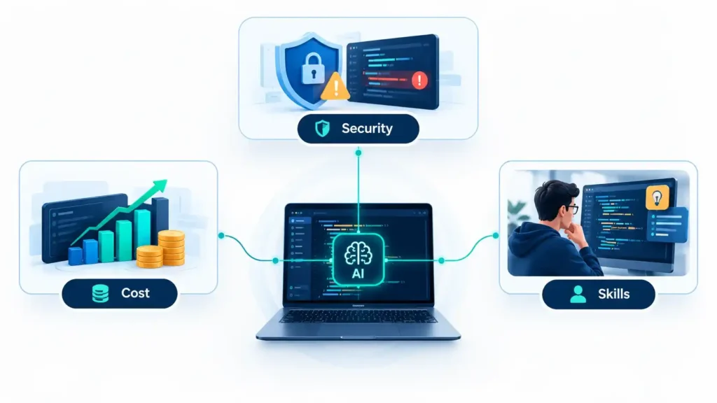 Infographic illustrating AI coding tool risks beyond bugs, including security vulnerabilities, rising software costs, and developer skill gaps.