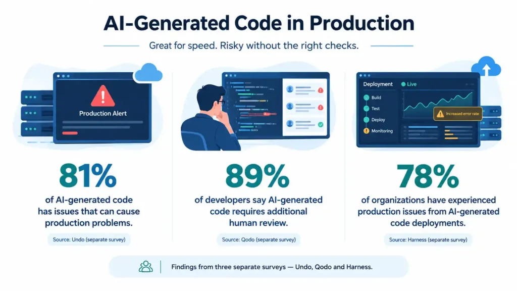 Infographic showing 2026 survey statistics on AI-generated code production incidents, software outages, and code review challenges.