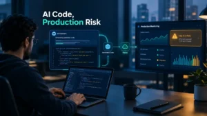 Home 24 AI-generated code production risks showing a developer reviewing AI-written code and monitoring software deployment for production errors.