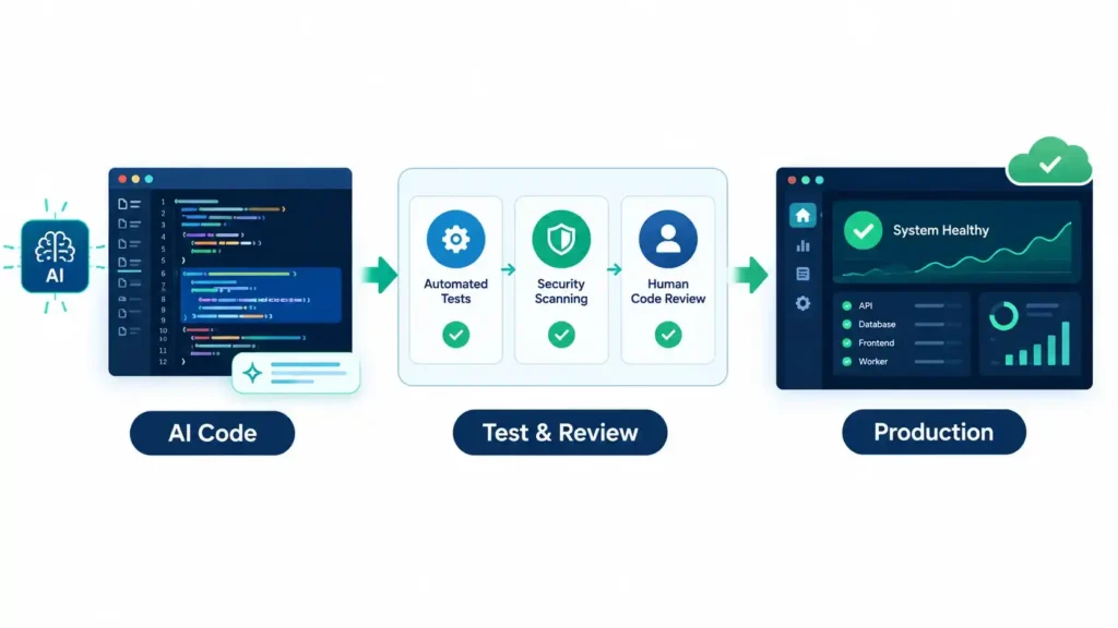 AI-generated code safety workflow showing automated testing, security scanning, human code review, and production deployment checks.