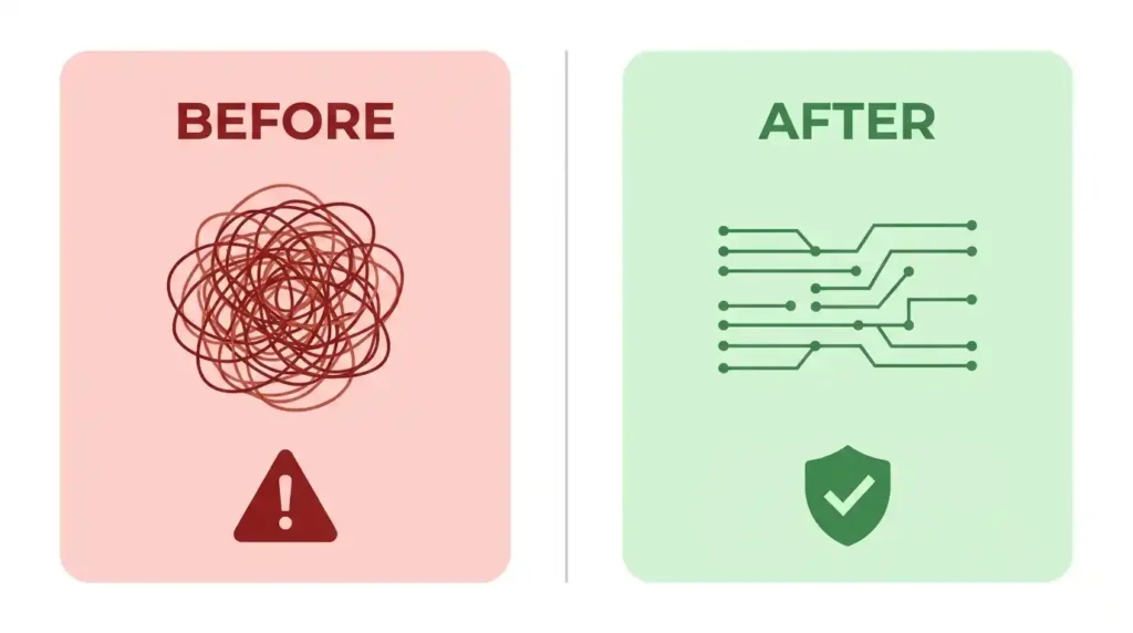 Before and after comparison of an unsecured and a secured AI workflow