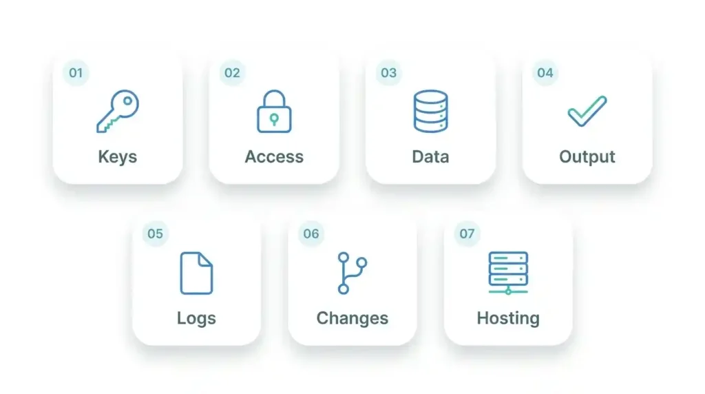 Infographic of seven security areas: keys, access, data, output, logs, changes and hosting