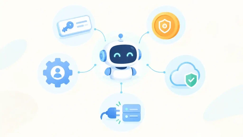 AI agent surrounded by API keys, OAuth tokens, service accounts, workload identities and tool servers