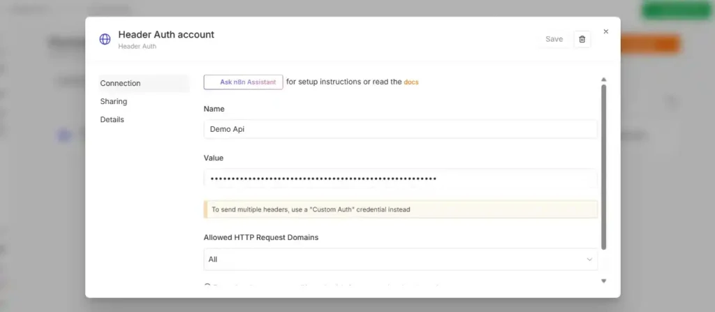 n8n credential manager showing a Header Auth credential with the key value hidden