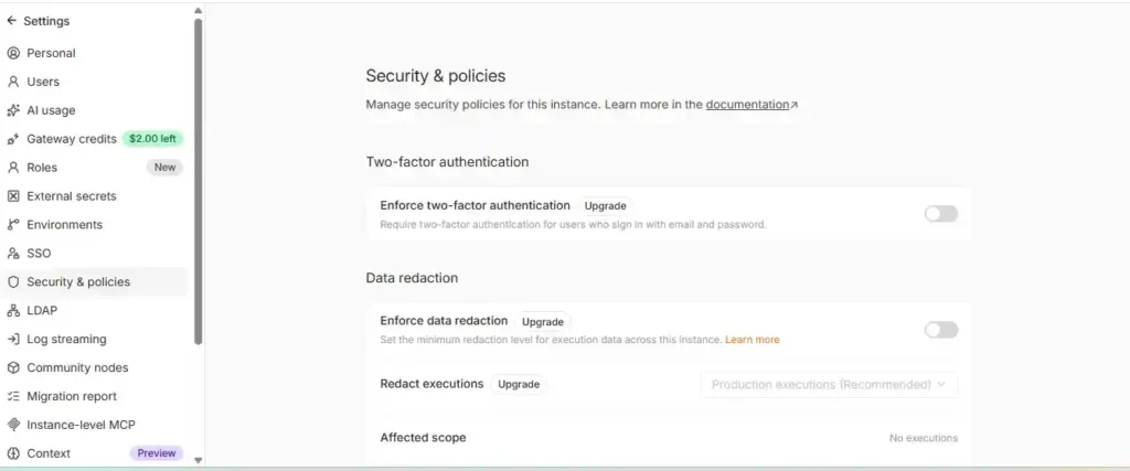 n8n settings menu listing Users, Roles, External secrets, Environments, SSO and Log streaming