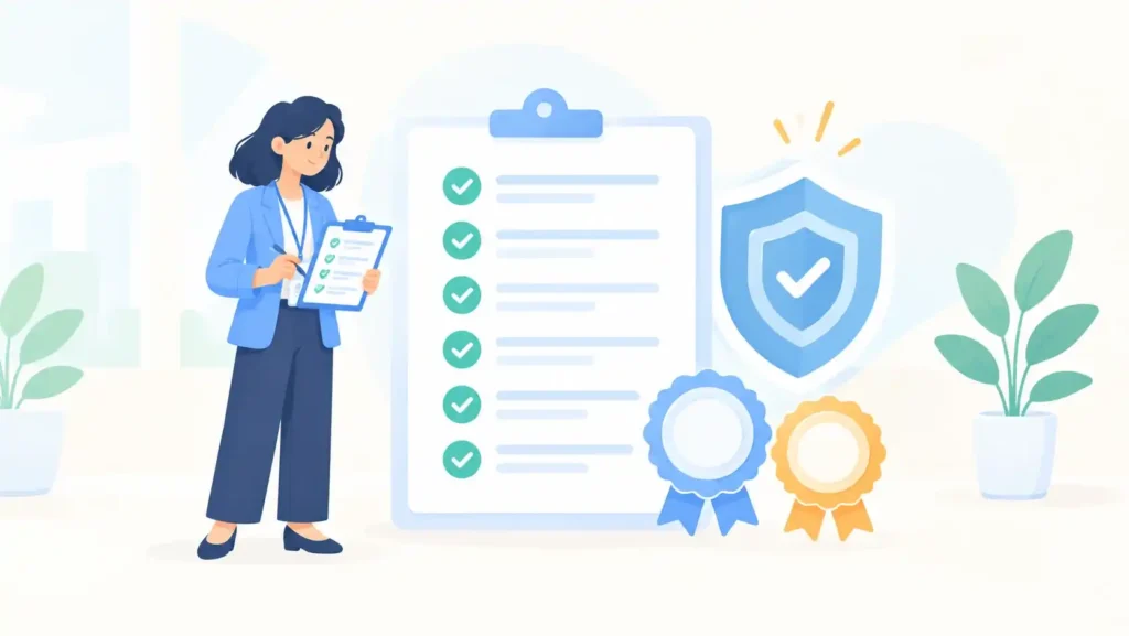 Auditor reviewing an agent register with checkmarks for SOC 2 and ISO 27001 compliance