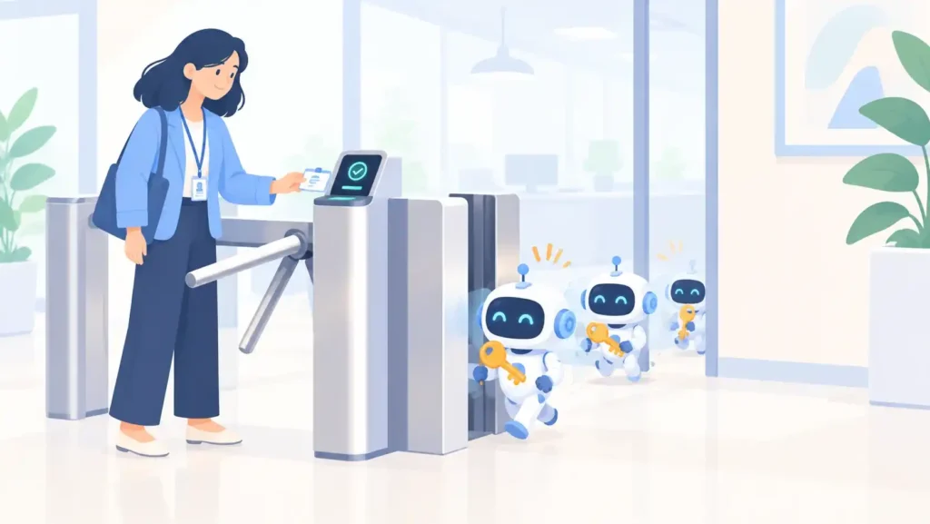 Robot agents slipping past a human-only badge turnstile, showing why traditional IAM misses AI agents