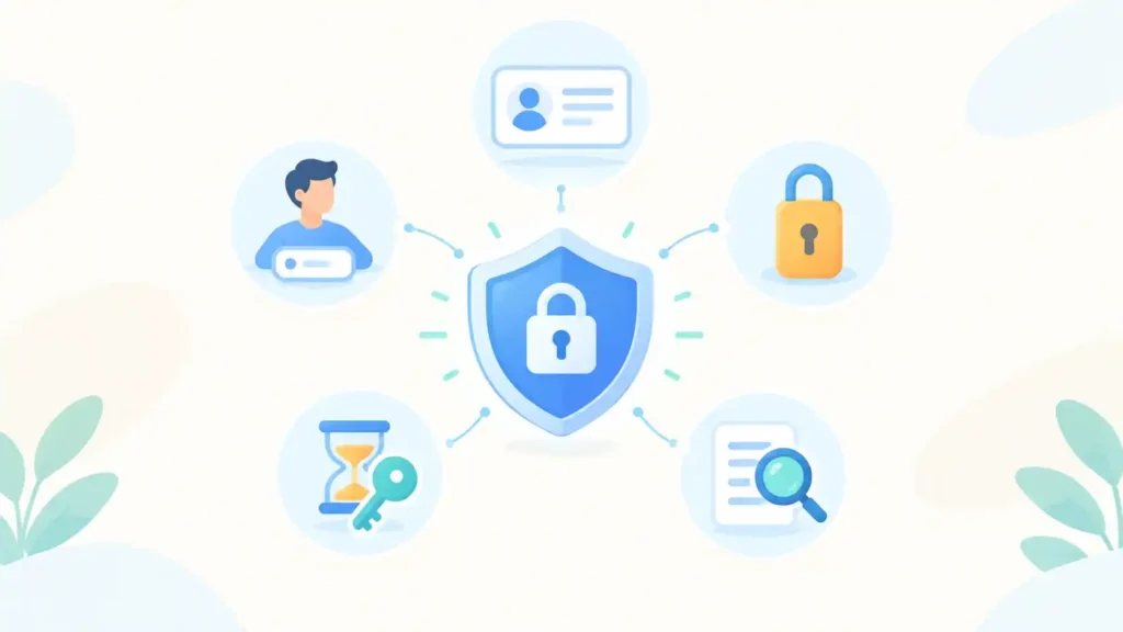 Shield with five icons showing the core principles of non-human identity management