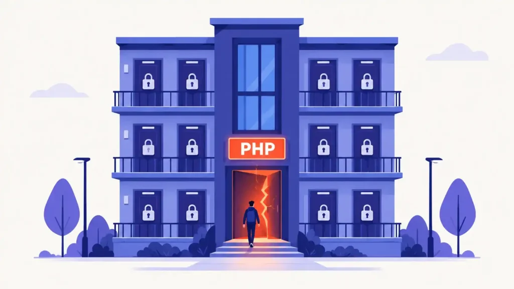 Apartment building with a faulty main entrance labeled PHP, while every door has a lock