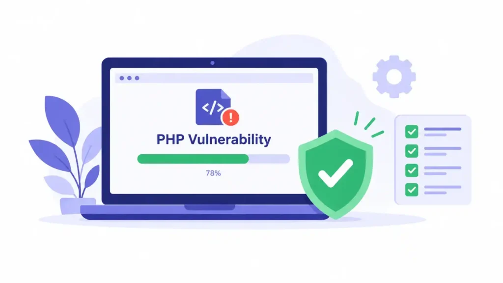 Laptop updating PHP with a green shield and a completed checklist
