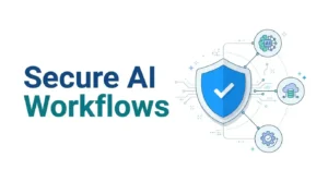 Shield with a checkmark connected to workflow nodes, representing secure AI workflow automation