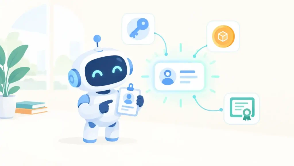 AI agent robot holding an ID badge, illustrating non-human identity management for AI agents
